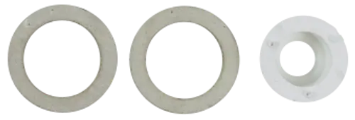 Drei Ringe in verschiedenen Größen, zwei aus grauem Material und einer aus weißem Kunststoff, möglicherweise Zubehör für Wolf-Produkte.